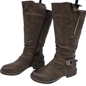 EMMSHU  Brown Buckle Celsa Round Toe Buckle Heeled Western Boots Women's
